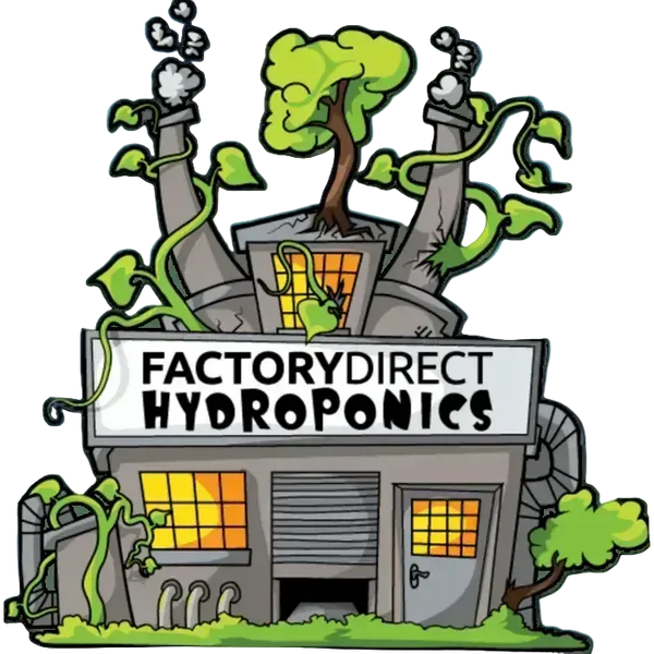 Cartoon-style hydroponics building with 'Factory Direct Hydroponics' sign on a blue background